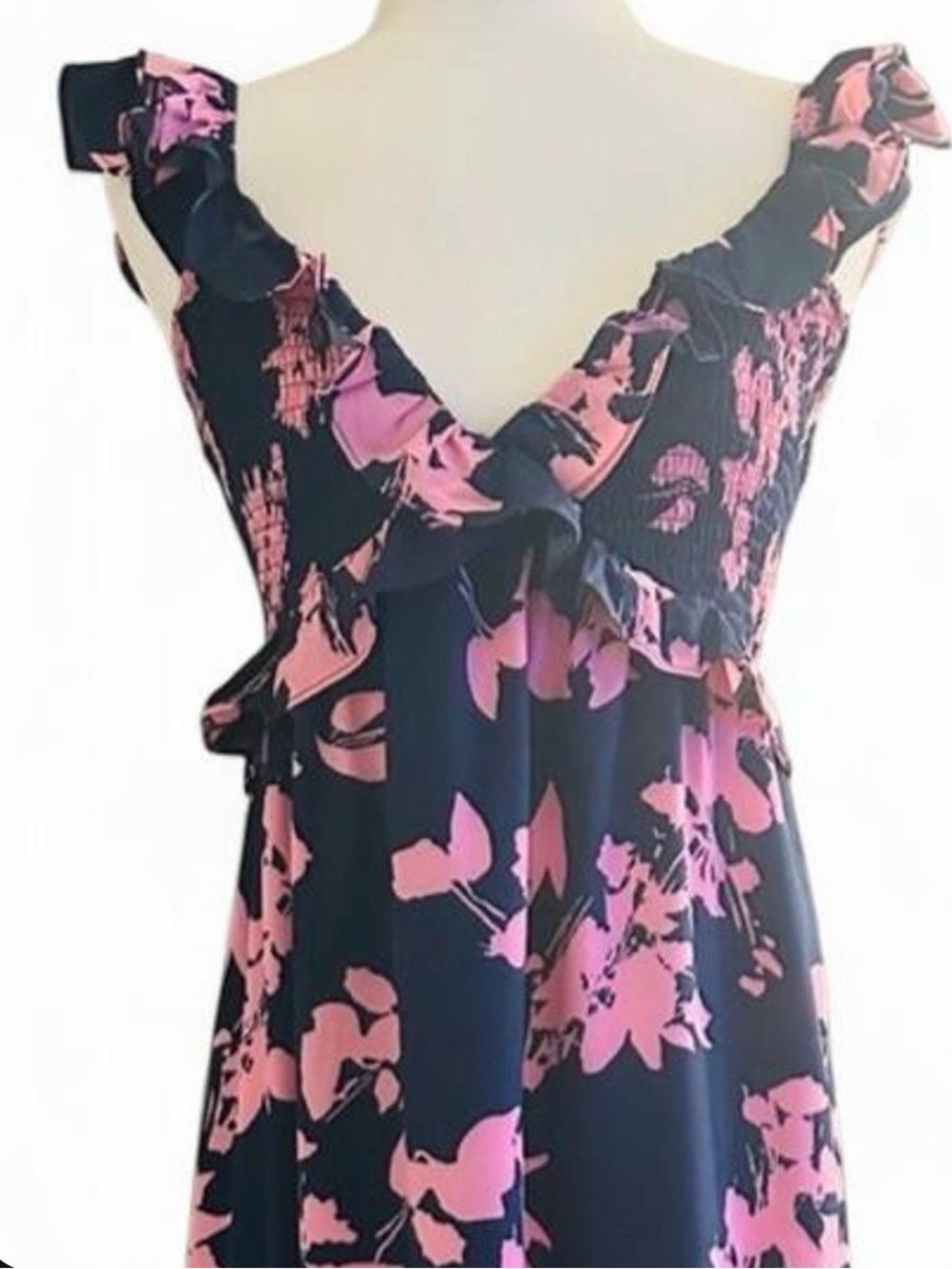 Pinkblush Women’s Navy Maxi Dress with Pink Floral Print - Ruffled V-Neck